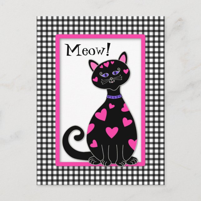 Whimsical Hearts Cat - Meow Postcard (Front)