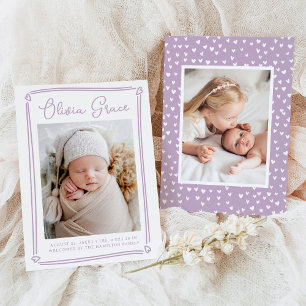 Whimsical Hearts Lavender Photo Birth Announcement