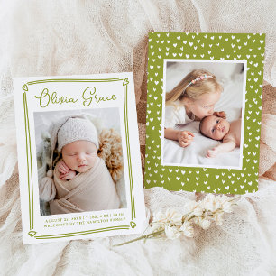 Whimsical Hearts Lime Green Photo Birth Announcement