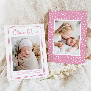 Whimsical Hearts Pink Photo Birth Announcement