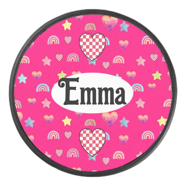 Whimsical Hearts, Stars & Rainbow Dreamscape Hockey Puck (Front)