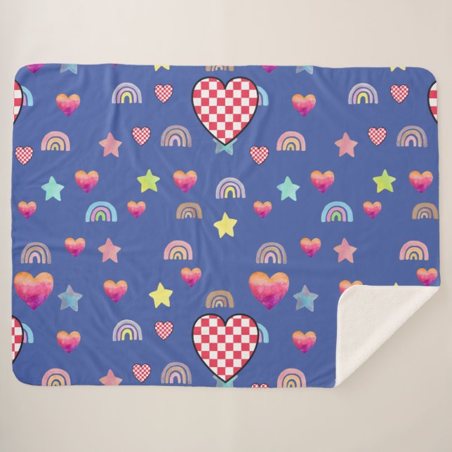 Whimsical Hearts, Stars & Rainbow Dreamscape Sherpa Blanket (Front (Horizontal))
