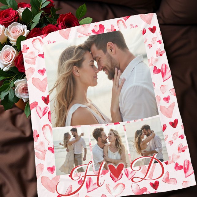 Whimsical Hearts Valentine Red Pink Photo Collage  Fleece Blanket (valentine love photo collage blanket hearts bridal birthday anniversary boyfriend girlfriend gift)