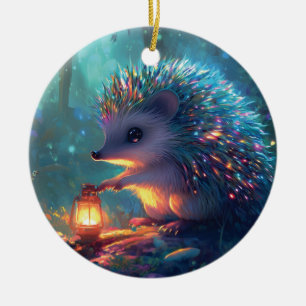 Whimsical Hedgehog and Lantern in Enchanted Forest Ceramic Ornament