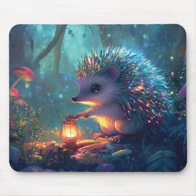 Whimsical Hedgehog and Lantern in Enchanted Forest Mouse Pad (Front)