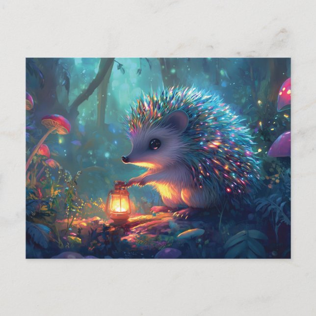 Whimsical Hedgehog and Lantern in Enchanted Forest Postcard (Front)