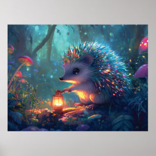 Whimsical Hedgehog and Lantern in Enchanted Forest Poster