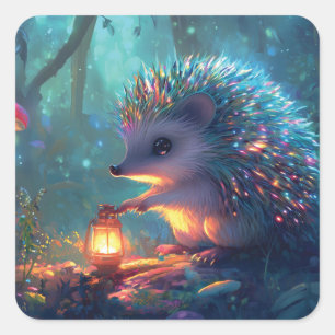 Whimsical Hedgehog and Lantern in Enchanted Forest Square Sticker