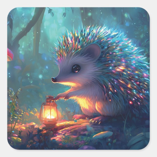Whimsical Hedgehog and Lantern in Enchanted Forest Square Sticker (Front)