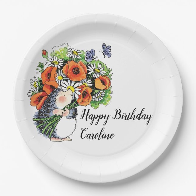 Whimsical Hedgehog and Poppies Birthday  Paper Plate (Front)