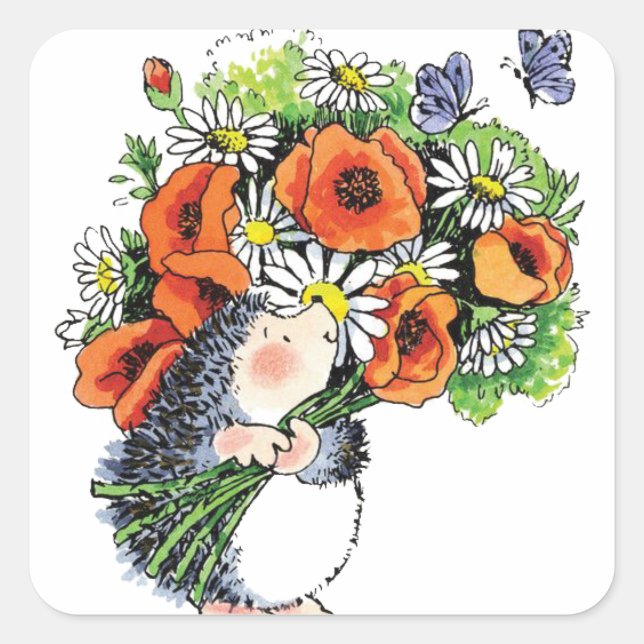 Whimsical Hedgehog and Poppies Square Sticker (Front)