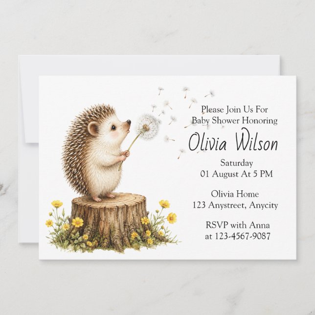 Whimsical Hedgehog Blowing a Dandelion Invitation (Front)
