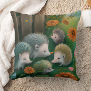 Whimsical Hedgehog Family Picnicking in Garden Cushion