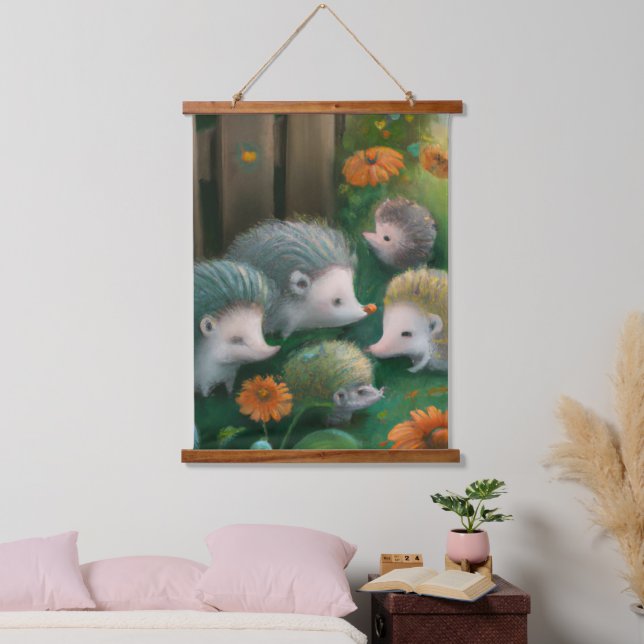 Whimsical Hedgehog Family Picnicking in the Garden Hanging Tapestry (Bedroom)