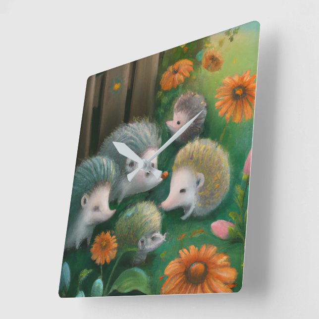 Whimsical Hedgehog Family Picnicking in the Garden Square Wall Clock (Angle)