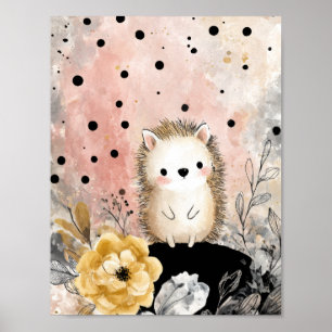 Whimsical Hedgehog Floral Watercolor Art Poster