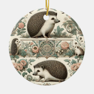 Whimsical Hedgehog Haven: Victorian Floral Ceramic Ornament