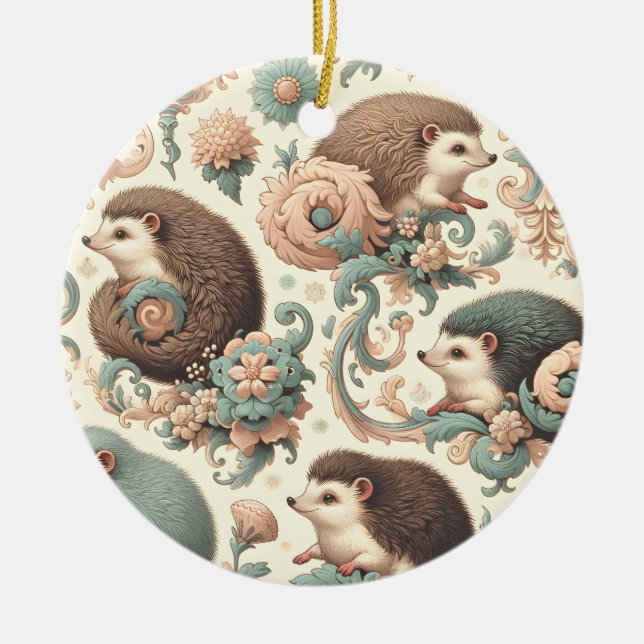 Whimsical Hedgehog Haven: Victorian Floral  Ceramic Ornament (Front)