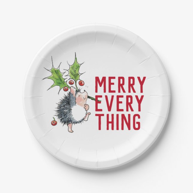 Whimsical Hedgehog Merry Everything Christmas  Paper Plate (Front)