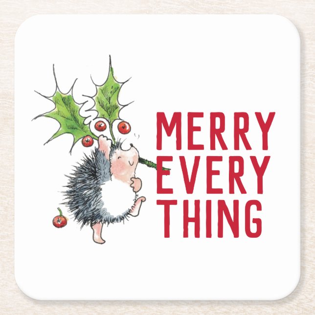 Whimsical Hedgehog Merry Everything Christmas  Square Paper Coaster (Front)