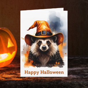 Whimsical Hedgehog Orange Witch Hat Halloween Card