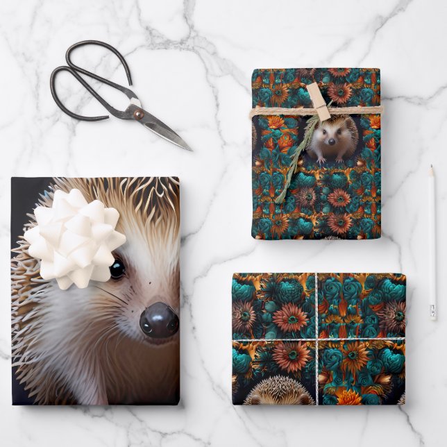 Whimsical Hedgehog Wrapping Paper Sheet (Front)