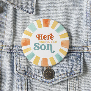 Whimsical Here Comes the Son Baby Shower 7.5 Cm Round Badge
