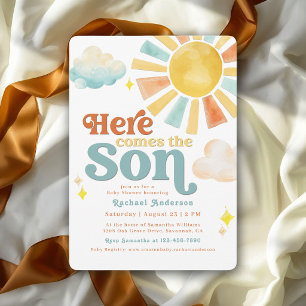 Whimsical Here Comes the Son Sun Rays Baby Shower Invitation