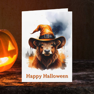 Whimsical Highland Cow Orange Witch Hat Halloween Card