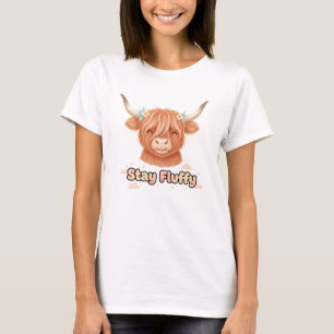 Whimsical Highland Cow 'Stay Fluffy' Illustration T-Shirt
