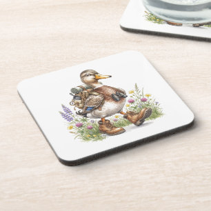 Whimsical Hiking Duck Illustration with Backpack Coaster