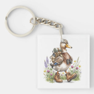 Whimsical Hiking Duck Illustration with Backpack  Key Ring
