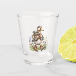 Whimsical Hiking Duck Illustration with Backpack Shot Glass