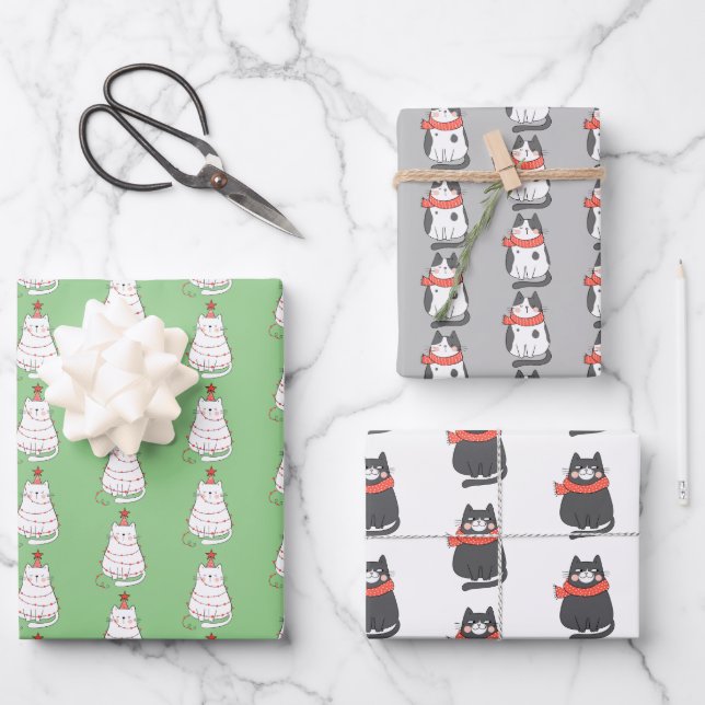 Whimsical Holiday Cat Trio Wrapping Paper Sheet (Front)