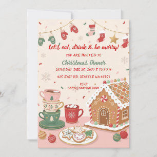 Whimsical Holiday Dinner Pink Red Christmas Party Invitation