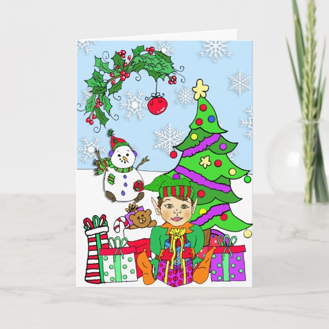 Whimsical  Holiday Elf and Christmas Tree Card (Front)