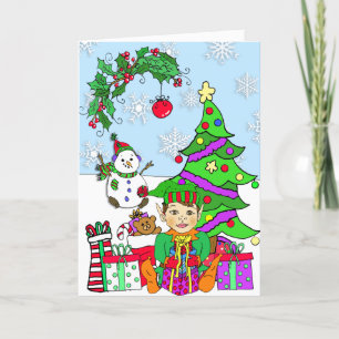 Whimsical Holiday Elf and Christmas Tree Card