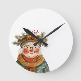 Whimsical Holiday Granny Decorative Pillow Round Clock