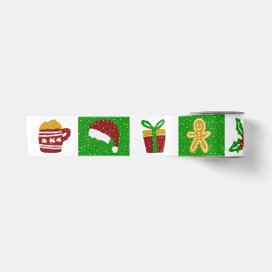Whimsical Holiday Green Icons Christmas Pattern  Satin Ribbon