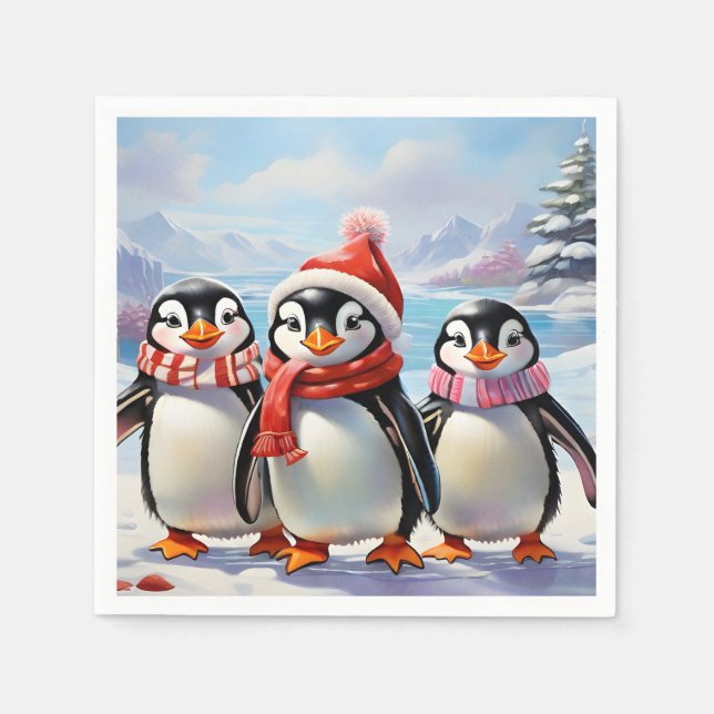 Whimsical Holiday Penguin Trio Napkin (Front)