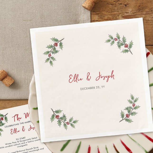 Whimsical Holly Border Holiday Dinner Napkins (Dinner Napkin from the Whimsical Champagne Tower Holiday Wedding Collection by Darling & May)