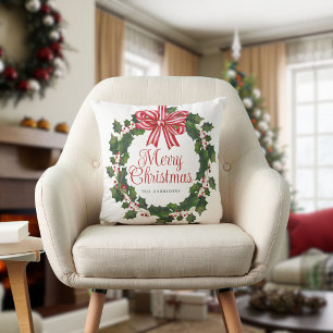 Whimsical Holly Wreath Christmas Cushion