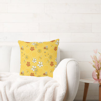 Whimsical Honey Bee and Yellow Honeycomb Cushion