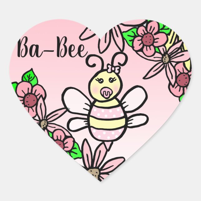 Whimsical Honey Bee Girl's Baby Shower Heart Sticker (Front)