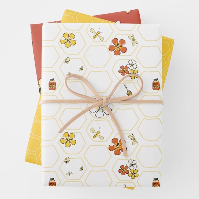 Whimsical Honeycomb and Bumblebee collection Wrapping Paper Sheet (In situ)