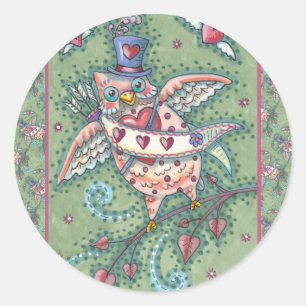WHIMSICAL HOOTS N' HEARTS CUPID OWL VALENTINE CLASSIC ROUND STICKER