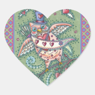 WHIMSICAL HOOTS N' HEARTS CUPID OWL VALENTINE HEART STICKER