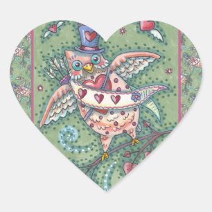 WHIMSICAL HOOTS N' HEARTS CUPID OWL VALENTINE HEART STICKER