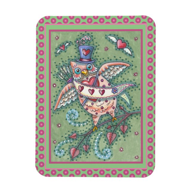 WHIMSICAL HOOTS N' HEARTS CUPID OWL VALENTINE MAGNET (Vertical)