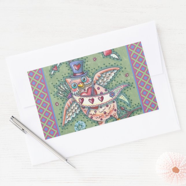 WHIMSICAL HOOTS N' HEARTS CUPID OWL VALENTINE RECTANGULAR STICKER (Envelope)